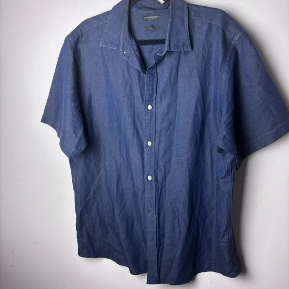 Mens XL Banana Republic Button-Up‎ Shirt Blue Linen Short Sleeve Slim Fit Modern